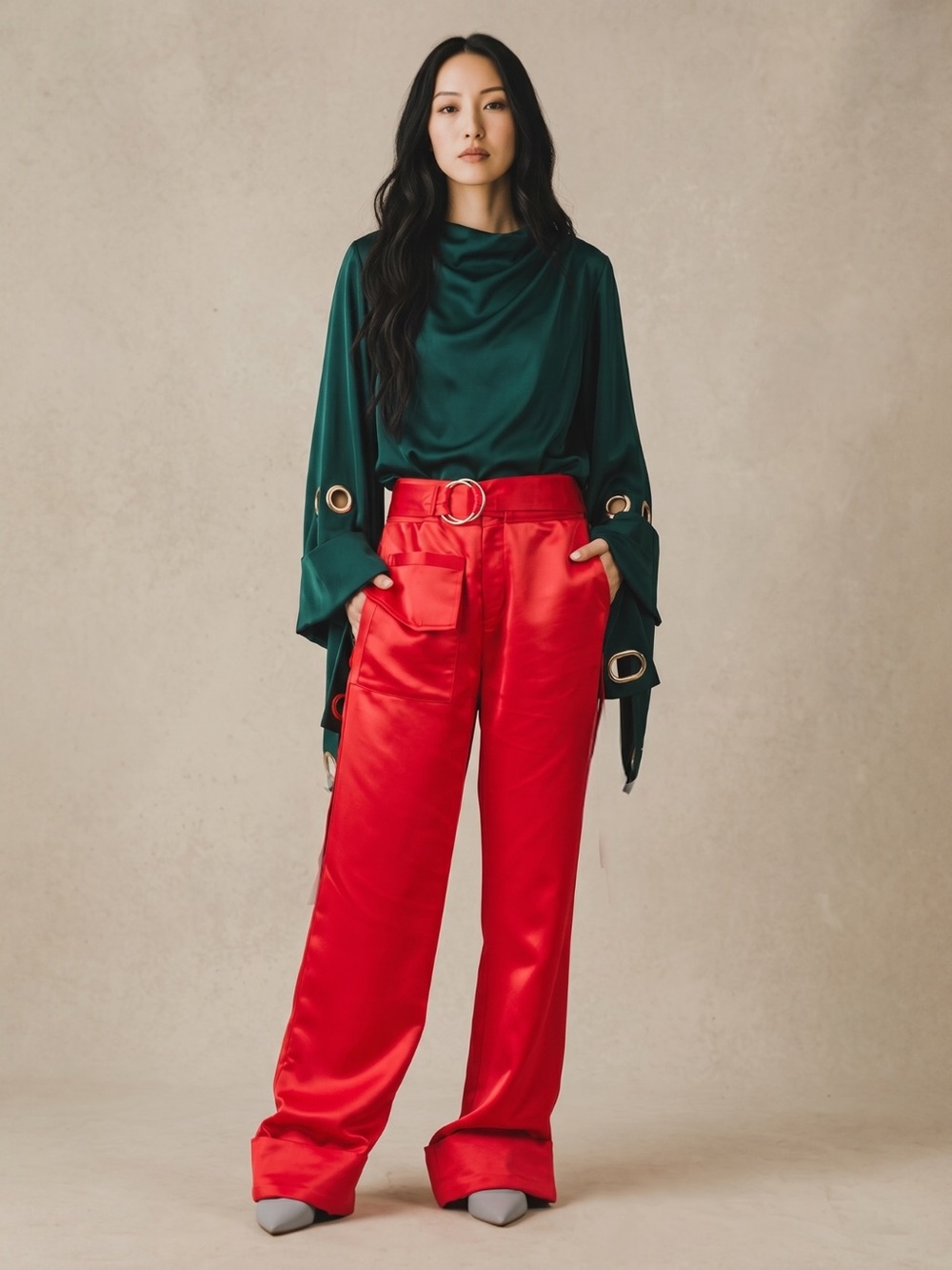 Self-Portrait Belted Cuffed Satin Red Trouser